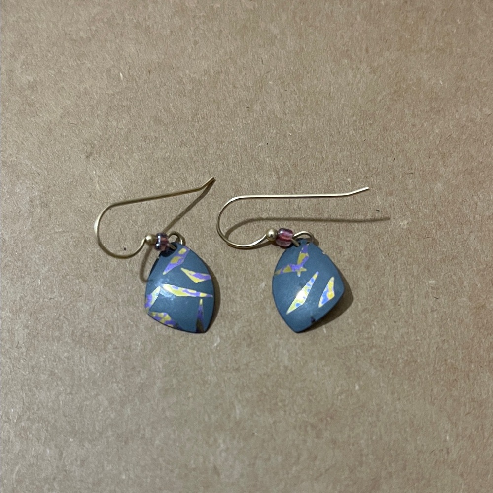 Holly Yashi Blue and Gold Leaf Earrings with pink crystals accents!